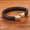 Charm Bracelets TYO Classic Top Quality Stainless Steel Gold Magnetic Clasp Brown Woven Italy Real Leather Bracelet Man Boys Birthday Gifts1