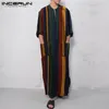 Etnik Giyim İncerun Erkekler Robe Vintage Çizgili Uzun Kollu Müslüman Kaftan O Boyun Düğmeleri Jubba Thobe Cepler Dubai Arapça