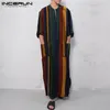 민족적인 의류 개발 남성 가운 빈티지 줄무늬 긴 소매 무슬림 kaftan o neck 버튼 jubba therobe pockets 두바이 아랍어