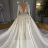 Dubai Long Sleeve Ball Gown Wedding Dresses 2021 Sexy V Neck Pearls Beaded Satin Bridal Gowns Chapel Train Plus Size vestido de novia AL7545