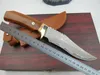 Couteau de chasse à lame fixe de Damas de haute qualité de 9,4 pouces VG10 Lames en acier de Damas Couteaux droits en bois + manche en laiton avec gaine en cuir