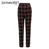 ZHYMIHRET 2019 Autunno cotone dritto plaid pantaloni da donna alla caviglia con cerniera Capris casual pantaloni a vita media Pantalon Femme T200103