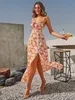 SBetro Allover-Blumendruck, Schnürung, rückenfrei, gerüschte Brust, geteilter Oberschenkel, Cami-Kleid SIE