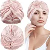 19 Momme Double Layer Mulberry Silk Sleeping Cap Night Sleep For Women Hair Care Long Elastic Bonnet Hat 211229