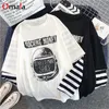 Harajuku Kadın T-Shirts Sonbahar Kadınlar Uzun Kollu T-Shirt Sıradan Mektup Baskılı Patchwork Stripe Üst Boy Boy Siyah Sokak Giyim 220307