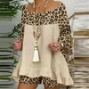 Damen-Trainingsanzüge Nowsaa Sommer Vintage Leopard Patchwork Outfits Set Baumwolle Leinen Hemd Tops und lose Shorts Anzug 3/4 Ärmel Frauen Zwei Pi