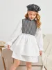 Girls Houndstooth Panel Flounce Sleeve Two Layer Hem Dress SHE