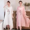 Thin Light Soft Cotton Linen Chinese Style Summer Dress Embroidery Floral Two Piece Set Women Casual Dress Suits