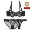 BRAS SETS VARSBABY 3PCS Mulheres Sexy Slim Lace Lingerie Senhoras Underwire Bra Brasil + Calcinha + Thongs1