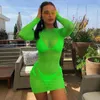 Sarongs Women Bikini Cover Up Mesh Sheer Long Sleeve O-Neck Beach Mini Dress Summer See Through Transparent Bathing Suit Ups1