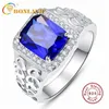 Bonlavie 925 Стерлинговые серебряные квадратные Sapphire Blue Zircon Рельеф зерна Мужское кольцо для свадьбы и вовлечения1