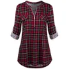 Kvinnors Blusar Skjortor Kvinnor Casual Rolled Sleeve Zipped V-Neck Plaid Printed Shirt Tunika Toppar Blus Skriv ut Knapp Feminina 2021