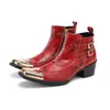 Yüksek Topuklu İş Erkek Elbise Ayakkabı Kış Moda Kırmızı Deri Çizmeler Kare Toe Rahat Parti Kısa Çizmeler Motosiklet Botları