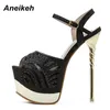 Aneikeh 하이힐 여성 샌들 크리스탈 블링 패션 플랫폼 섹시한 여름 패치 워크 라운드 발가락 PU 숙녀 신발 Zapatos de Mujer C0129