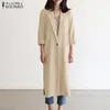 Moda Jaquetas finas Zanzea Mulheres Mulheres Laple Decote Manga Longa Cardigan Casual Outwear Sólido Elegante Elegante Casaco de Linho T200828