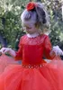 Princess Flower Girl Dresses Sheer Jewel Neck Illusion Long Sleeves Red Lace Tulle Floor Length Flowergirl Pageant Gowns with Crystals