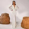 Vestidos de novia bohemios de sirena con cuello en V, apliques de encaje de ganchillo, manga larga acampanada, vestido de novia de satén suave, vestido de novia