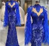 Abendkleider Royal Blue Sparkly Mermaid Prom Dresses Feather Lace Appliqued Pearls Party Gown Floor Length Evening Dress Wrap