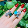 Cluster Rings Luxury Big Flower Zircon Ring For Women Green Crystal Blue Fusion Stone Adjustable Wedding Bridal Promise Fine Jewelry 2022