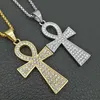 Men's Stainless Steel Gold The Symbol Of Life Ancient Egyptian Pendant Hip hop The Ankh Cross Religious Pendants Necklace With Pave CZ Stone