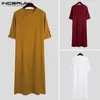 INCERUN Men Islamic Arab Kaftan Muslim Abaya Solid Long Sleeve Loose O Neck Jubba Thobe Dubai Middle East Mens Robes Plus Size