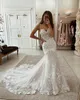 2020 nowe arabskie Aso Ebi Ebi Mermaid Suknie ślubne Straps Spaghetti Illusion Lace Appliques Train Tiulle Plus Size Formal Bridal245Q