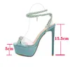 15cm High-Heeled Sandals Pink Pearl Chain Ankle Platform Heels White Green Summer Butterfly Knot Party Shoes