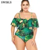 2020 Frau Plus Größe Badeanzug 1pc S 3XL Grün Badeanzug für Frauen Big Leaf Beachwear Vintage Badende Weibliche bademode T200708