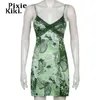グリーンペイズリープリントミニドレス2022夏の夏の渤海休暇の衣装のレーストリムVネックバックレスドレスP84BE11 Y220304