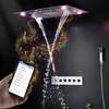 Conjunto de chuveiro de música de luxo com 5 funções para chuva, cachoeira, cortina de névoa, torneiras de led, cabeça, misturador termostático de alto fluxo