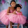 Spaghetti baljurk tutu bloem meisje jurken voor bruiloft roze roze gezwollen meisjes pageant jurken baby verjaardagsfeestje slijtage 2021