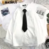 EBAIHUI Sonbahar Uzun Kollu Gevşek Öğrenci Bluz Gömlek Kadınlar Beyaz Siyah Yaka Yaka Rahat Boy Gömlek Vintage Top 220225