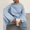 Kvinnor Solid Knitt Sweater Sätter Casual O Neck och Drawstring Wide Leg Pant Suit Höst Vinter Långärmad Homewear Loose Outfits 211221