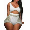 2 pieces Set Women Fishnet Sheer Mesh Playsuit Bodysuit Romper Set Sleeveless Front Hole Backless Top Tank+ Shorts sets