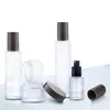 Matglas cosmetische potten pompflessen met plastic houtzakenkap 30 g 50 g 30 ml 100 ml 120 ml body lotion lippenbalsem crème containers2590595