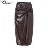 Fashion Skirt Women PU Leather Midi Sexy High Waist Bodycon Split Skirt Casual Knotted Office Zipper Plus Size