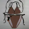 Sommar Sexig Badkläder Kvinnor Halter Fashional Bikini Letter Print Triangle Beach Bra Briefs Black Bandage Design Split Baddräkt