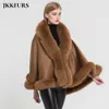 Jkkfurs kvinnors poncho äkta räv päls krage trim cashmere cape ull mode stil höst vinter varm kappa s7358 201212