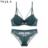 Moda fasciatura nero reggiseno push up set lingerie sexy pizzo ricamo reggiseno raccogliere biancheria intima di cotone spesso set reggiseni donna verde LJ201031