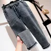 Jeans Frau hohe Taille plus Größe lose Kordelzug knöchellang schwarz grau Femme Mom Denim Harem Hosen LJ201013