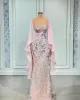 Mermaid Dresses Pink Evening Floor Length Elegnt Embroidery Lace Applique Long Sleeves Custom Made Formal Tail Prom Party Gowns