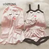 Summer Cartoon Satin Piajamas Set Women 4pcs/Set Top a maniche lunghe Shorts Maschera per occhio Abbigliamento da casa Mujer 210203