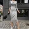 Dorywczo Sukienki Womengaga Jesień Zima 2021 Koreański Kobiety Wysokiej Talii Skinny Hip Round Neck Slim Long Maxi Sukienka Dzianiny Sweter Moda 3L8V