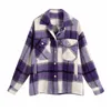 femmes mode unique breasetd violet plaid longue veste outwear nouveau élégant à manches longues poches automne laine vestes femme 201019