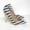 Chaussures à talons rayésChaussures de mode classique pour dames rayures noires et blanches bout pointu talons aiguilles robe de mariage chaussures pour femmes en cuir verni