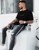 2020 Men's Painted Skinny Slim Fit Straight Ripped Distressed Pleated Knee Patch Denim Pants Stretch Jeans S-3XL