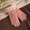Пяти пальцев перчатки замшевые кожаные женщины сенсорный экран плюс искусственный мех