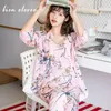 여성용 잠옷 가운 세트 Sleepwear Suit Flower Ladies 따뜻한 가정 의류 라운지 Nightwear Lingeries 용 Pijama Homewear 201113