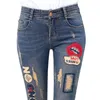 Novas calças jeans de lábios rasgadas buraco senhoras elásticas skinny lápis Pantsembroidy Lips carta jeans calças para mulheres 201109