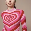 Printemps femmes patchwork rose coeur doux pull dames demi-col haut pull mince à manches longues rose amour pulls tricotés 201224